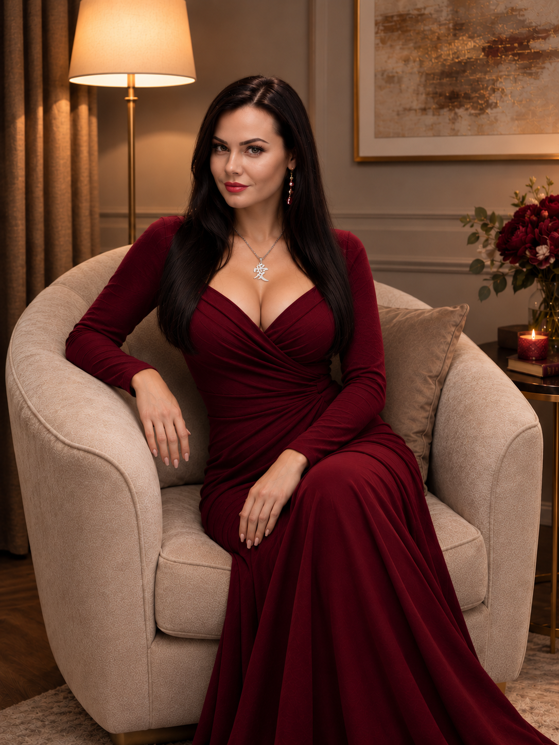 Woman in a deep red dress wearing a silver kanji love pendant on a fine chain