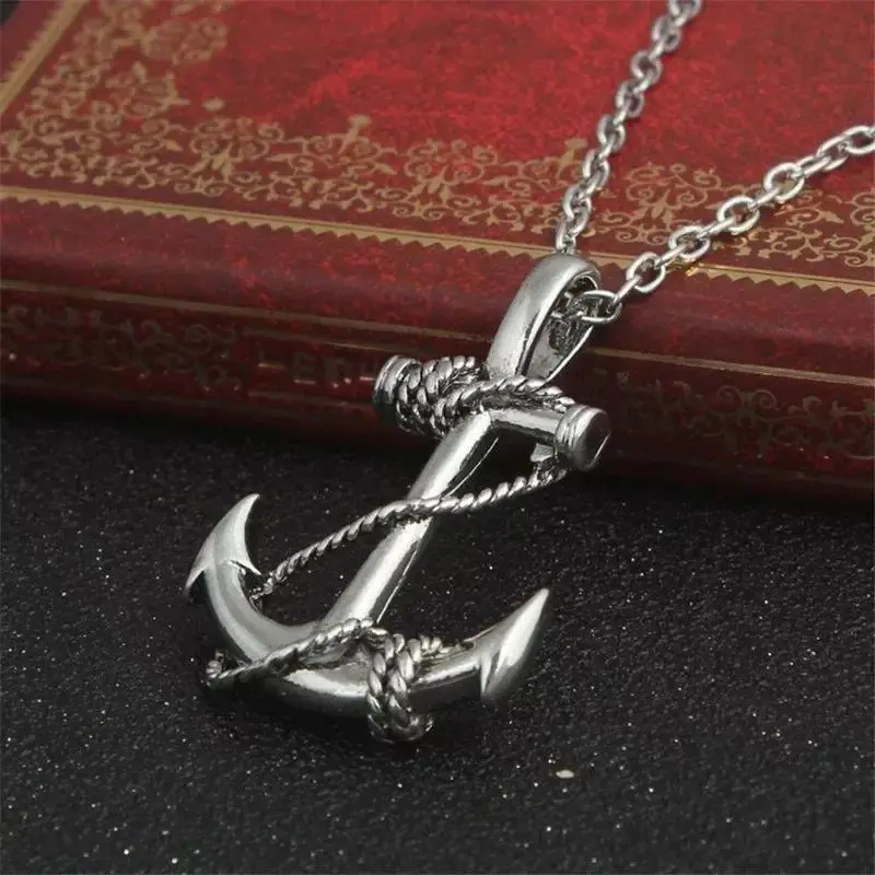 Silver-tone anchor pendant with rope detail on a steel chain