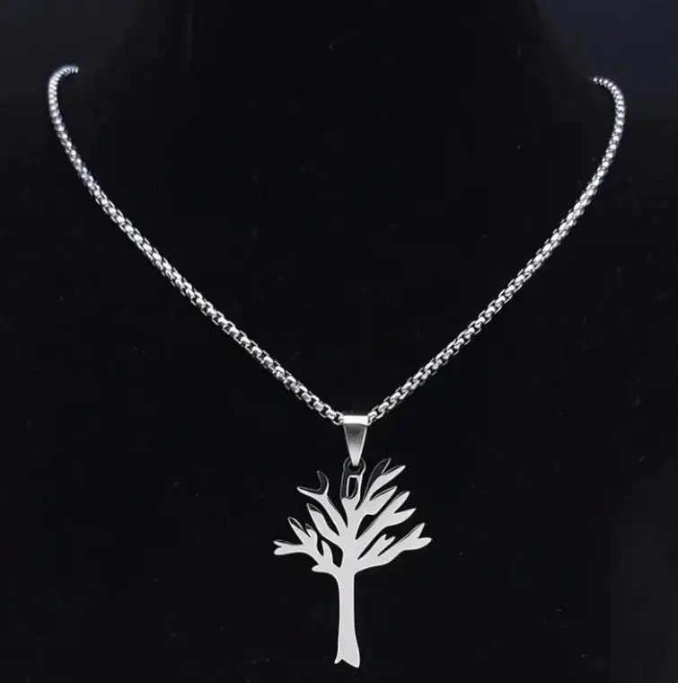 Steel pendant shaped like a bare tree on a box chain